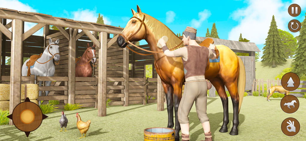 Horse Simulator Riding Games - Un hombre acicalando un caballo dorado en un detallado entorno de simulador de establo en 3D.