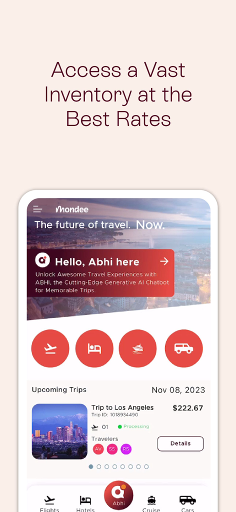 Mondee travel app interface showing AI chatbot Abhi and booking categories for flights, hotels, cruises, and cars