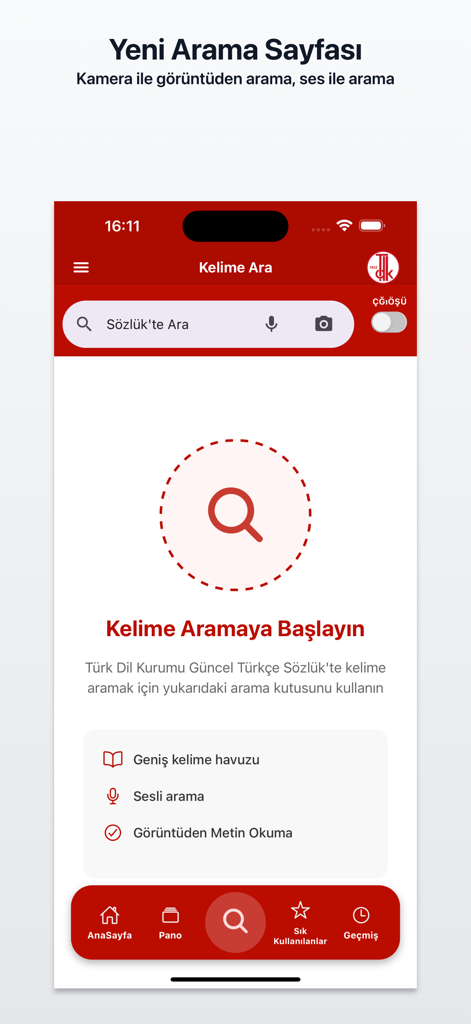 Tela de busca do aplicativo oficial Dicionário Turco TDK mostrando opções de busca por voz e câmera.