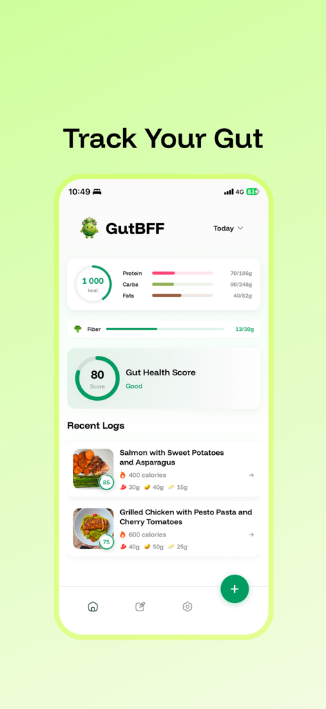Dashboard of GutBFF app showing gut health score calorie tracking and meal logs