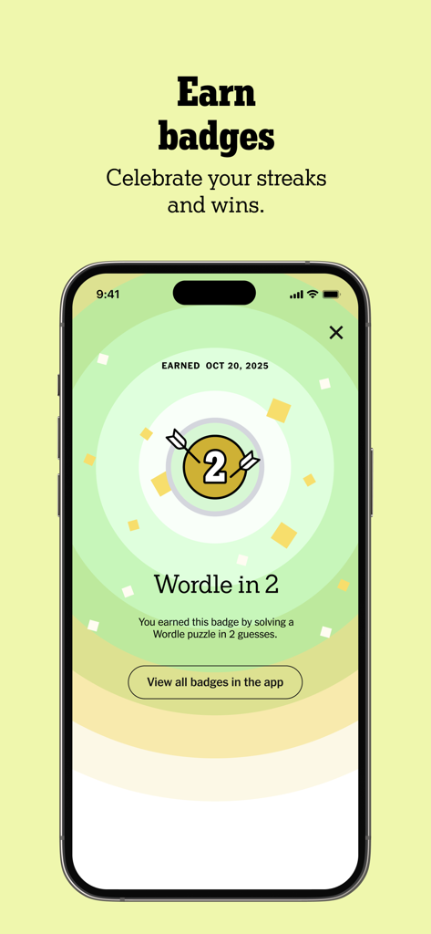 Ein mobiler Bildschirm aus der NYT Games-App, der ein Wordle-Erfolgsabzeichen für das Lösen eines Rätsels in zwei Versuchen anzeigt.