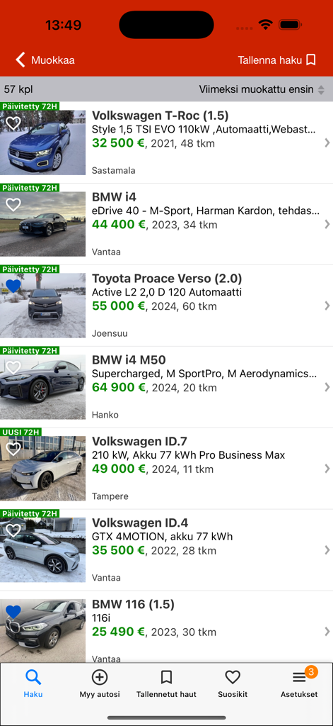 Nettiauto 앱 화면에 가격 및 기술 세부 정보가 포함된 여러 자동차 목록이 표시됩니다.