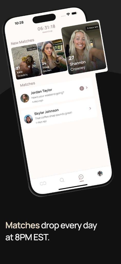 Cerca app screenshot showing a list of new matches and active chat conversations with text explaining that matches drop daily at 8 PM EST