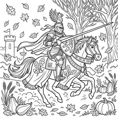 Immerse yourself in a thrilling medieval autumn scene featuring a noble jousting knight on horseback. This engaging coloring page captures the spirit of both historical adventure and the cozy fall season.