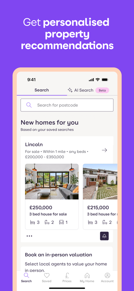 Zoopla app interface showing personalized property recommendations for UK homes