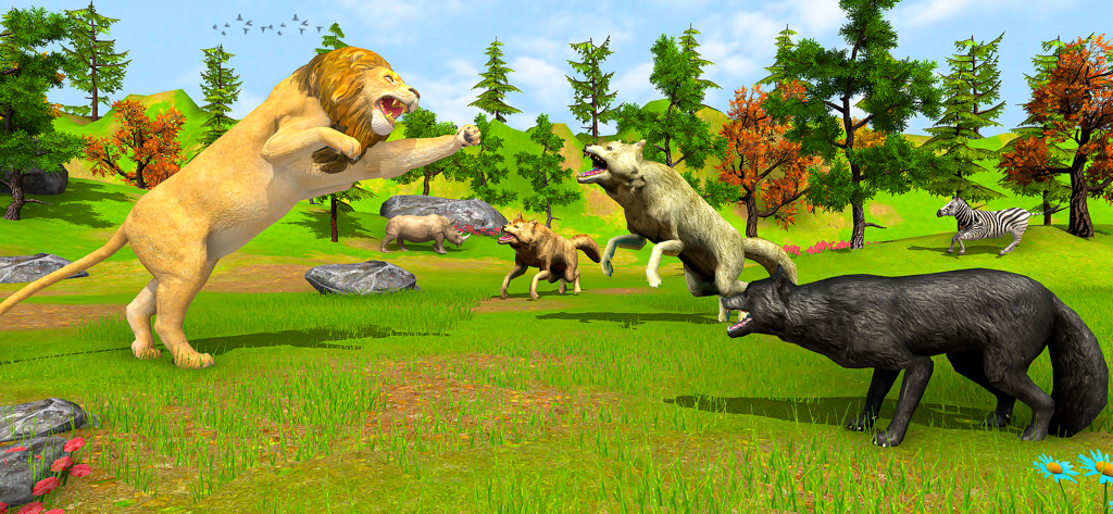 Ultimate Wild Lion Simulator - Un león salvaje atacando a una manada de lobos en un exuberante entorno de selva verde.