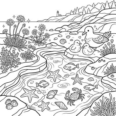 Explore the vibrant ecosystem of a tidal pool blooming with life this spring. This delightful coloring page features charming birds, playful marine creatures, and coastal flora waiting for your creative touch.