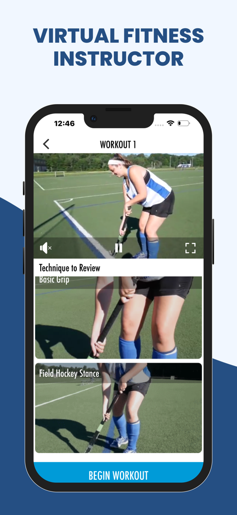 Pantalla de la aplicación móvil mostrando un video de entrenamiento de hockey sobre césped con revisión de técnica para agarre y postura básicos
