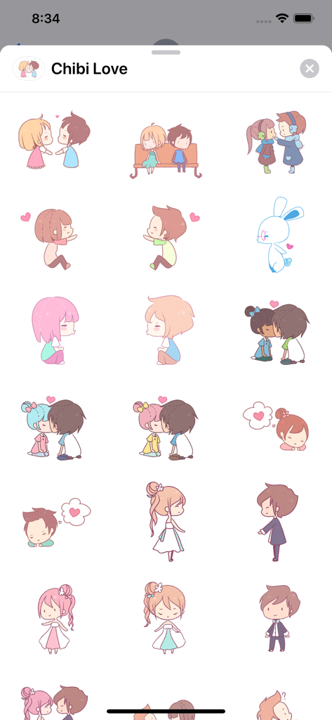 Eine Sammlung süßer Chibi-Liebessticker für iMessage, einschließlich Paaren und Hochzeitscharakteren