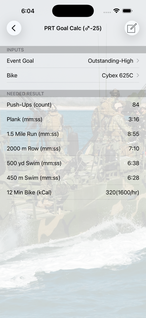 Navy PRT Goal Calculator interface showing required exercise results for an Outstanding-High score