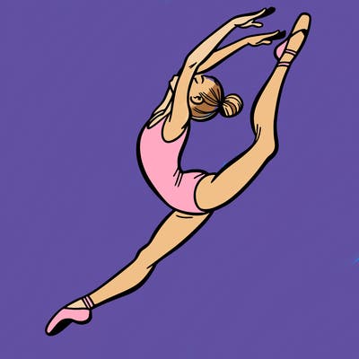 gymnast doing a leap in a leotard with a bent back leg