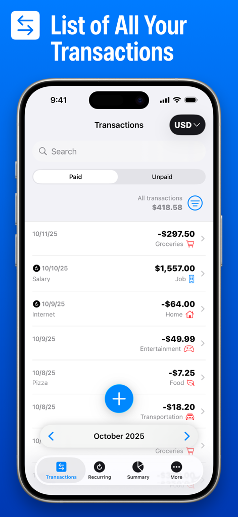 A screenshot of the Numi app showing a chronological list of personal financial transactions with categorized icons and dollar amounts.
