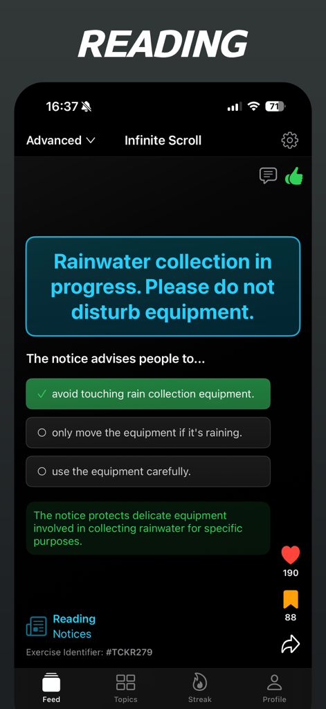 Esercizio di comprensione avanzata del testo sull'interfaccia dell'app Cambridge English Shorts che mostra una domanda a scelta multipla su un avviso pubblico.