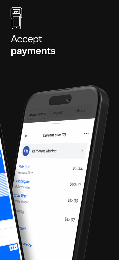 美容院のサービスと価格が含まれた現在の会計画面を表示するSquare Appointmentsアプリのインターフェース