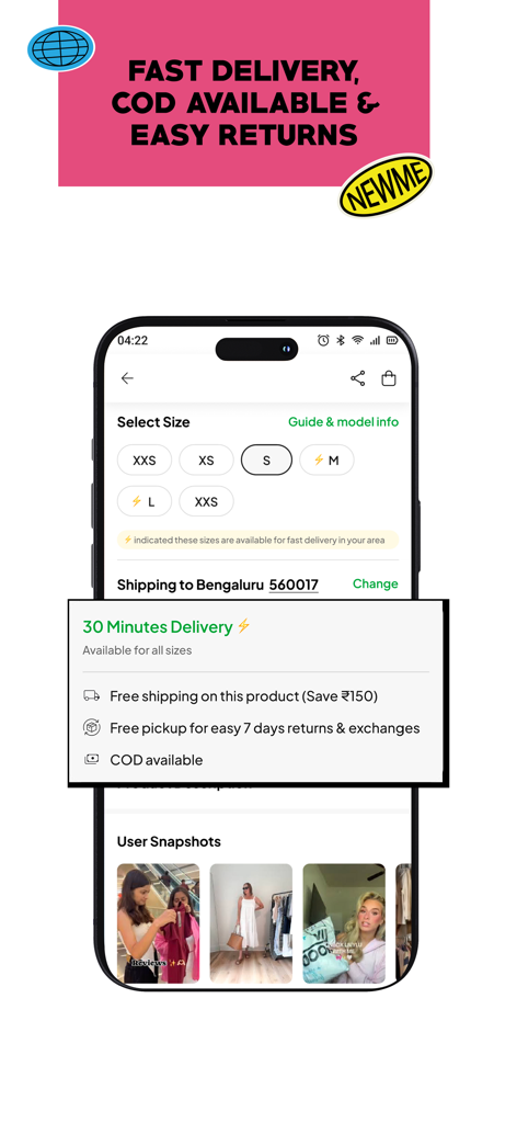 newme - Unleash your style - Page produit de l'application Newme montrant les options de livraison rapide, la politique de retour facile et la sélection de tailles