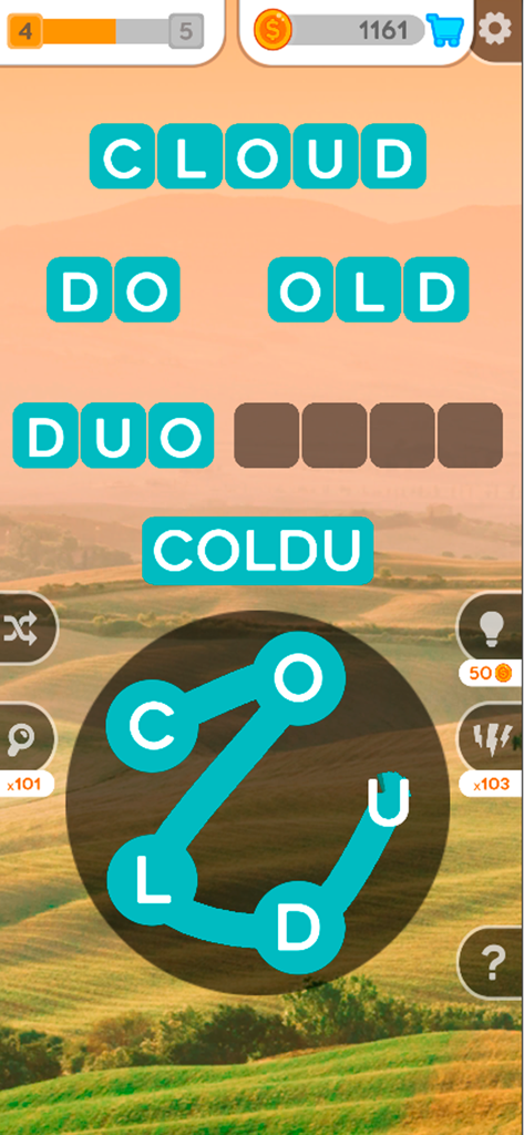 Mobile word puzzle game screen showing letters connected to form words on a scenic background