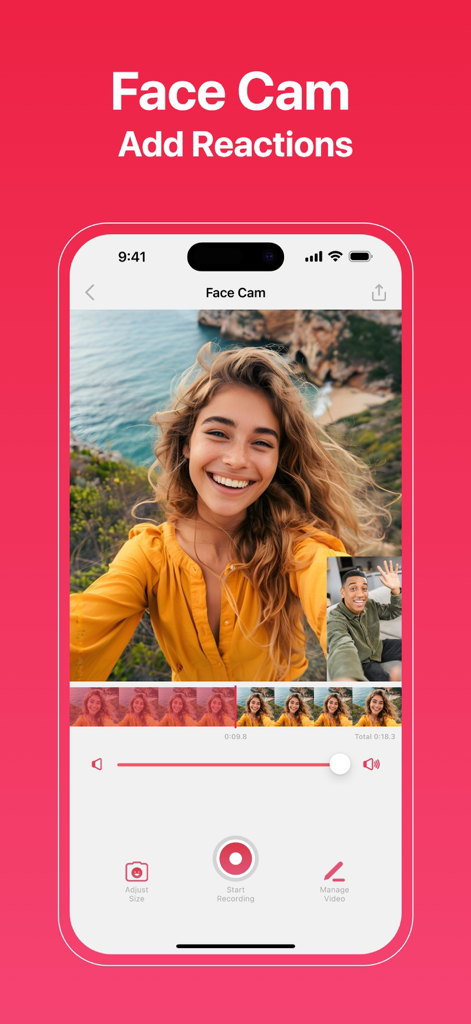 Screen Recorder - Dual Cam - Interface of the Screen Recorder app showing the face cam and reaction video feature on an iPhone