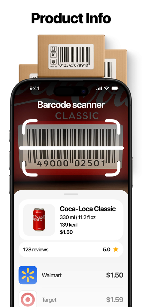 Barcode Scanner & Readerㅤㅤ - Aplicativo de smartphone digitalizando um código de barras para exibir detalhes do produto e comparações de preços de varejo