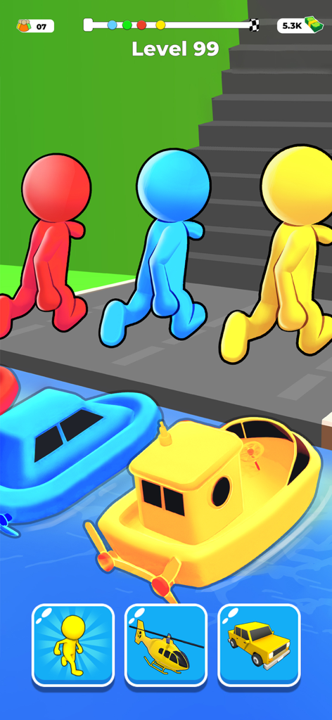Shape Transform Shifting Games - Colorful characters and boats racing in a level of the Shape Transform Shifting game