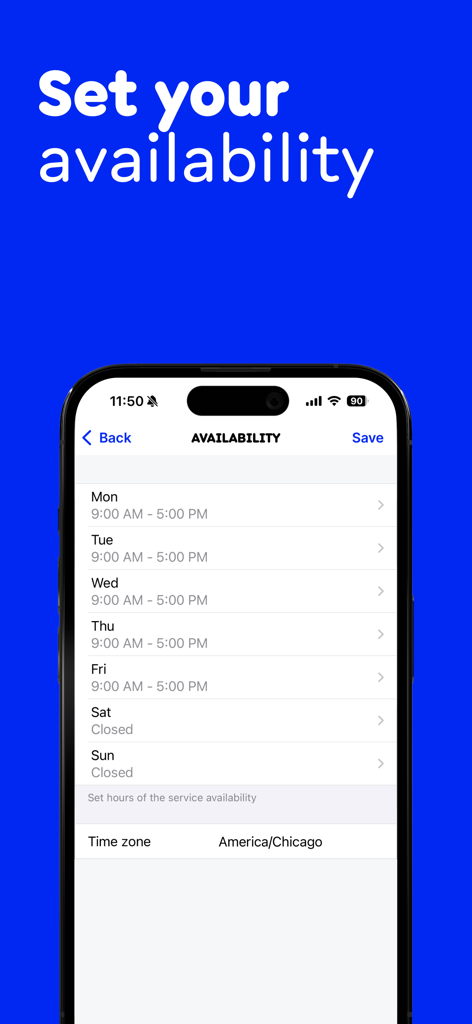 Appointment Scheduler: Billdu - Interface for setting business hours and weekly availability in the Billdu appointment scheduler app.