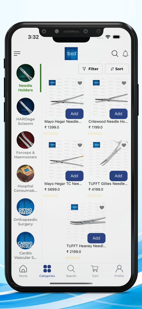 Tufft Surgical Instruments - Tufft surgical instruments app interface showing a selection of medical needle holders and equipment categories