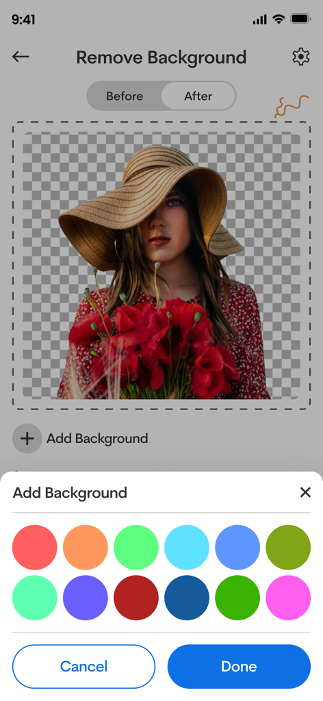 Mobile app interface showing a photo with a transparent background and options to add a new solid color background.