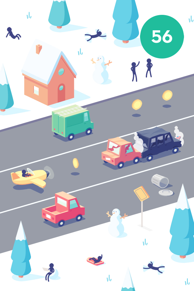 Stickman Rush - Isometric gameplay of Stickman Rush showing a stickman in a yellow plane driving on a snowy highway with traffic and coins