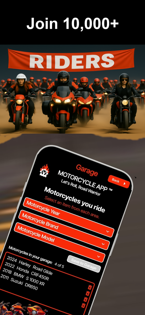 Motorcycle.App - A group of riders under a banner and a smartphone screen showing the Motorcycle.App virtual garage management feature.