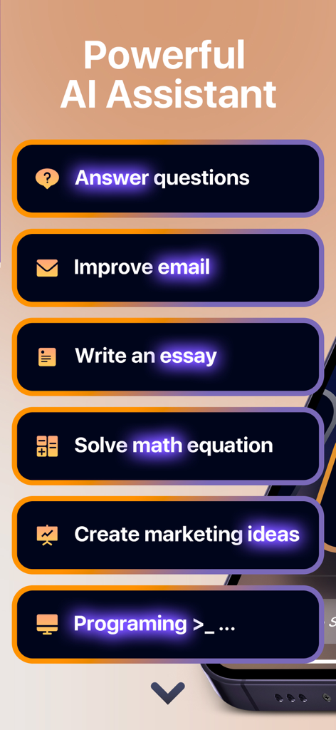 ChatMind - Instant AI Chat Bot - ChatMind app interface showing a list of AI assistant capabilities like answering questions and writing essays