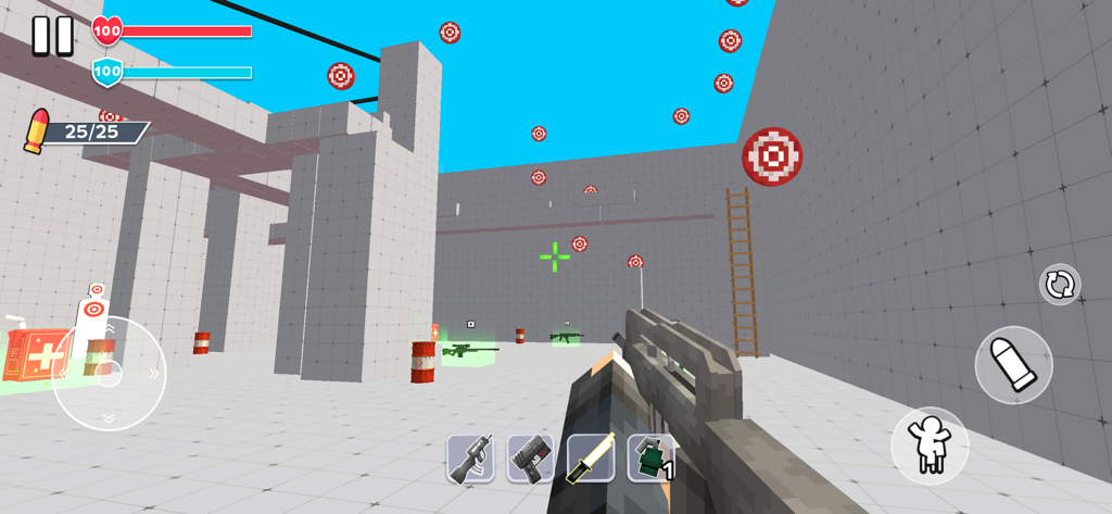 First person view of a voxel shooting range in Blocky Shooter FPS.