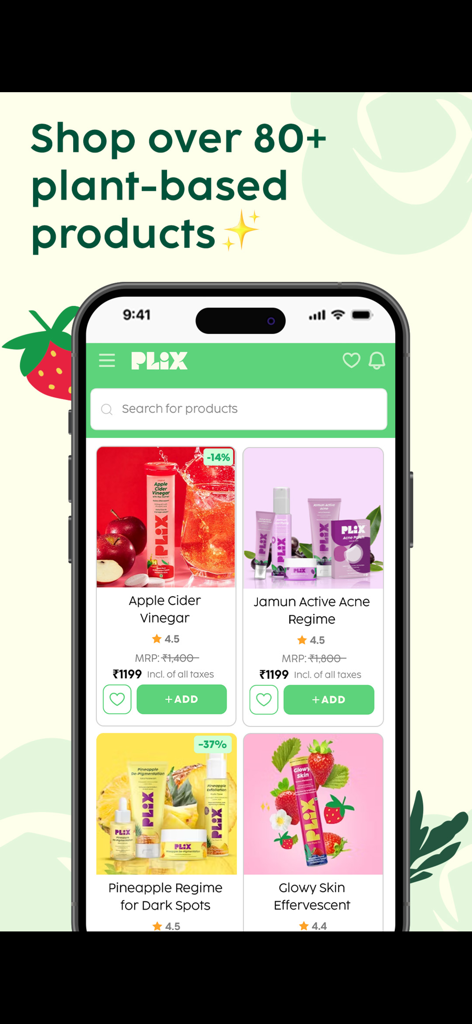 Plixlife - Plixlife app interface displaying various plant-based nutrition and wellness products for sale.