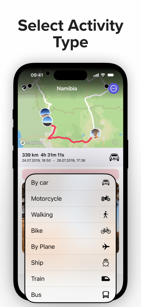 Travel Tracker by PhotoRoute - Smartphone screen showing the activity type selection menu in the Travel Tracker app with a travel route on a map of Namibia in the background