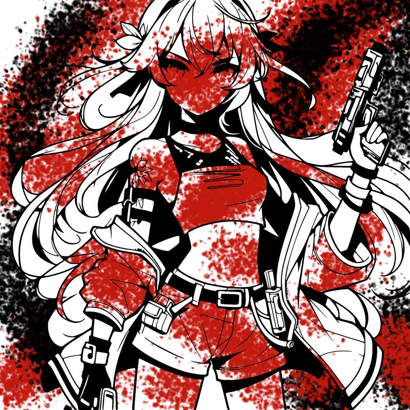 bad girl wearing crop top holding a gun long hair anime