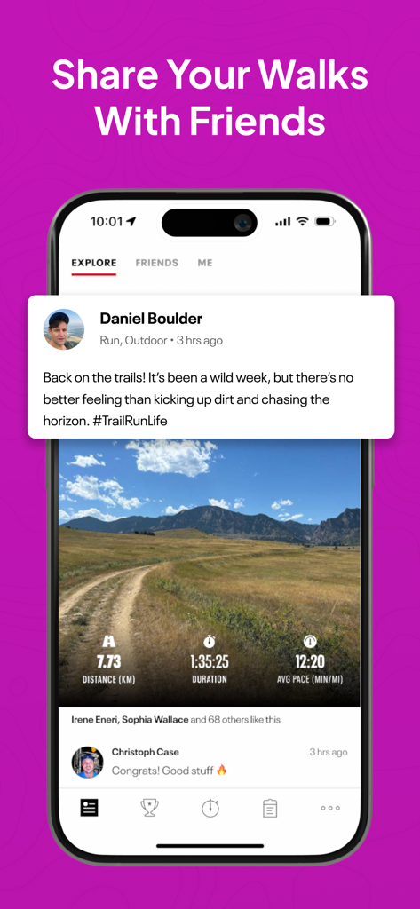 Map My Walk: Walking Tracker - Map My Walkアプリのスクリーンショット。ユーザーがウォーキングルートやワークアウト統計を友人と共有するソーシャルフィードが表示されている。