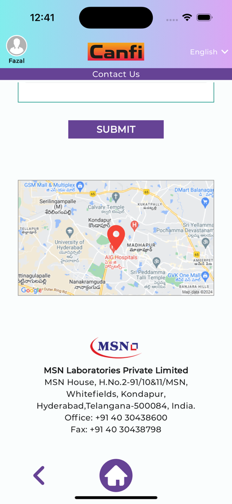 MSN Canfi - Contact Us screen for MSN Canfi app displaying office address and location map
