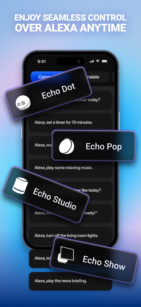 Smart Alexa : Voice Control - Smart Alexa app interface displaying voice commands for various Amazon Echo devices.