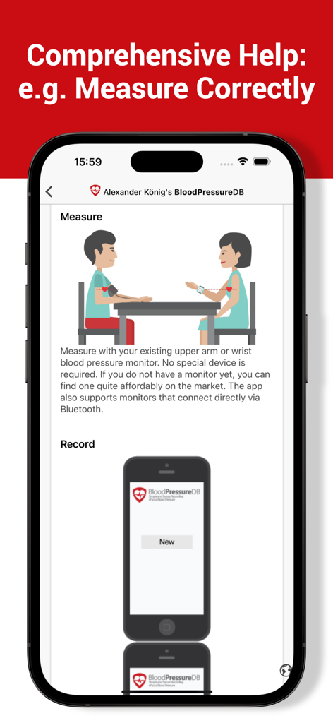Blood Pressure DB - Log, Check - Bildschirm aus der Blutdruck DB App, der Illustrationen zur korrekten Messung des Blutdrucks mit einem Monitor zeigt.