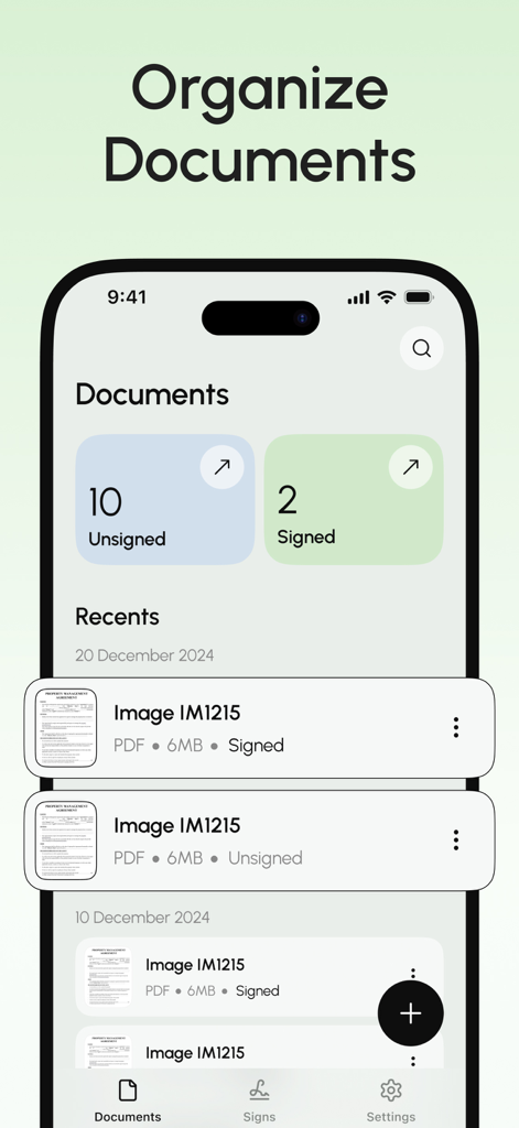 The document management interface of the eSign app showing a list of signed and unsigned PDF files.
