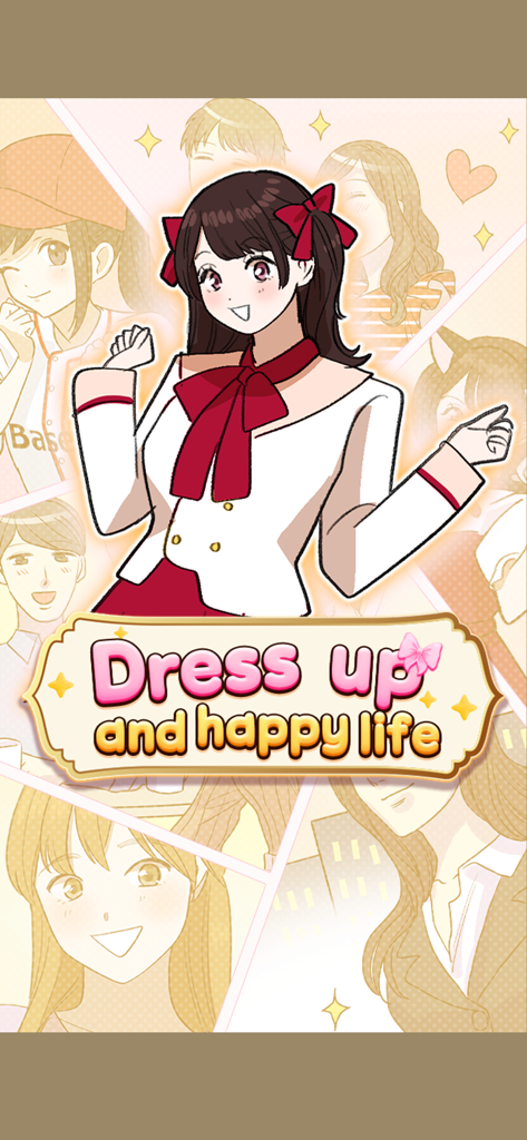 Dress Up and Happy Life - Main title screen of Dress up and happy life game featuring anime characters in different fashion styles