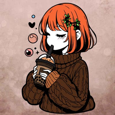 manga girl drinking boba in cozy sweater