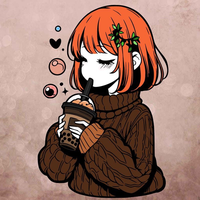 manga girl drinking boba in cozy sweater