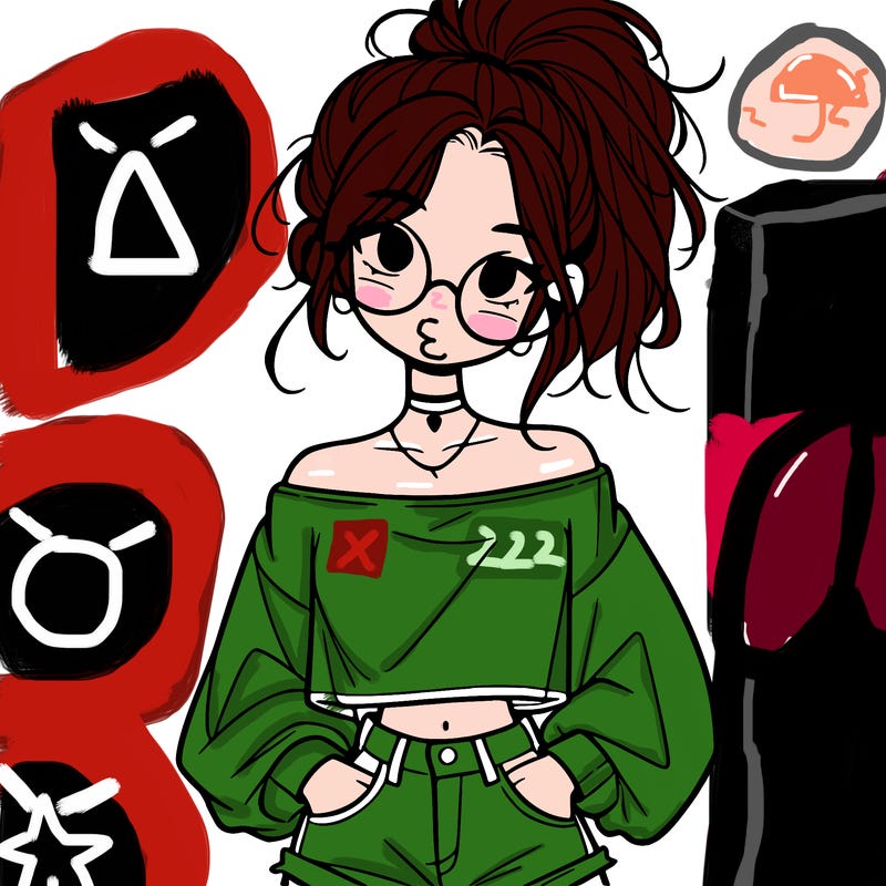 girl with a messy ponytail glasses a baggy crop top and jean shorts