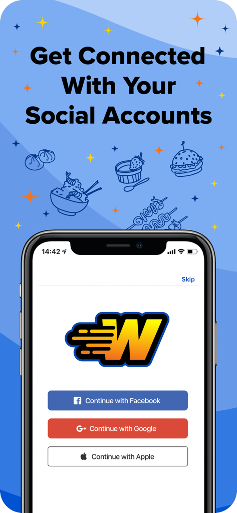 Woosh Delivery app screen showing social login options for Facebook Google and Apple