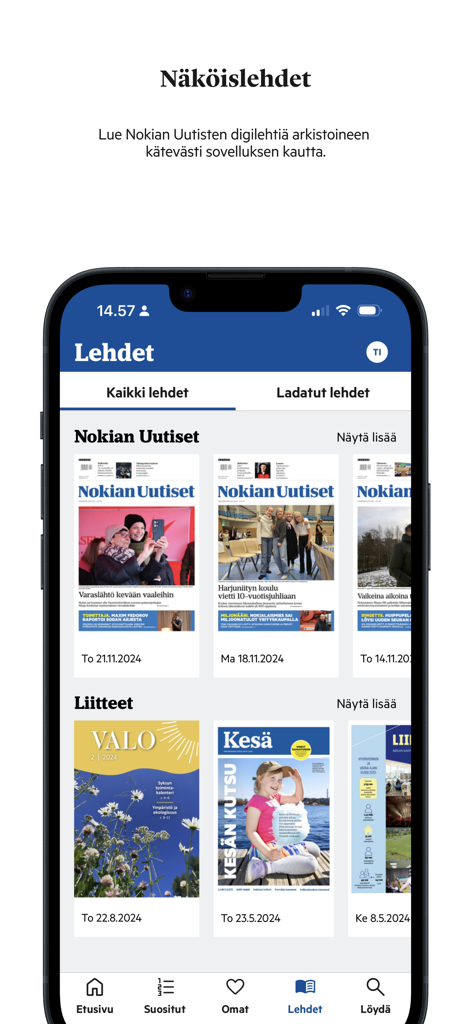 The Nokian Uutiset mobile app showing the digital newspaper archive and supplements section.