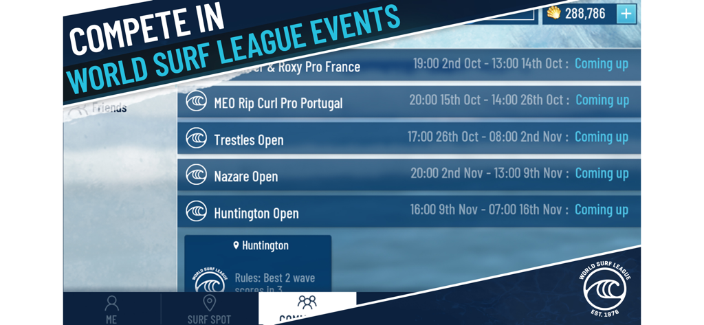 True Surf app screen showing a list of upcoming World Surf League competition events including dates and locations