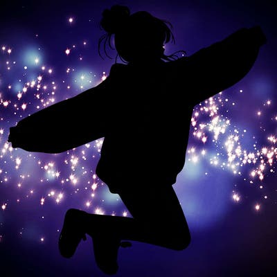 realistic girl jumping with a bun and oversized sweatshirt