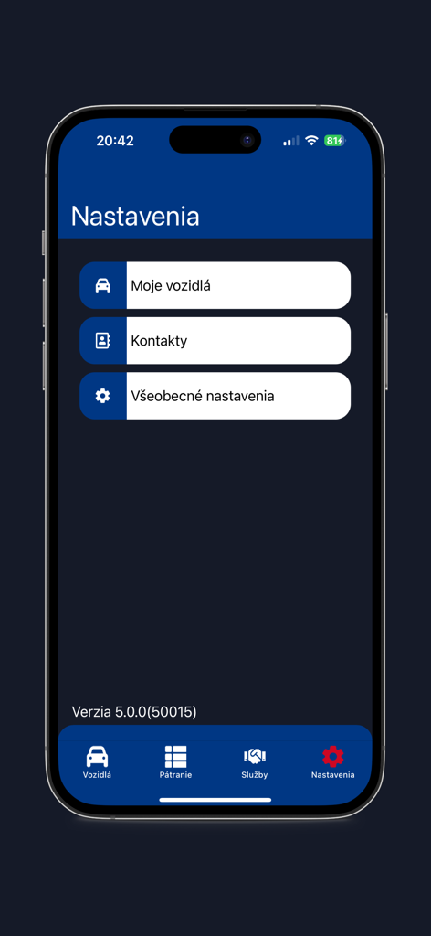 HAKA System+ - Pantalla de configuración de la aplicación móvil HAKA System plus que muestra opciones de menú para contactos de vehículos y configuraciones generales en eslovaco