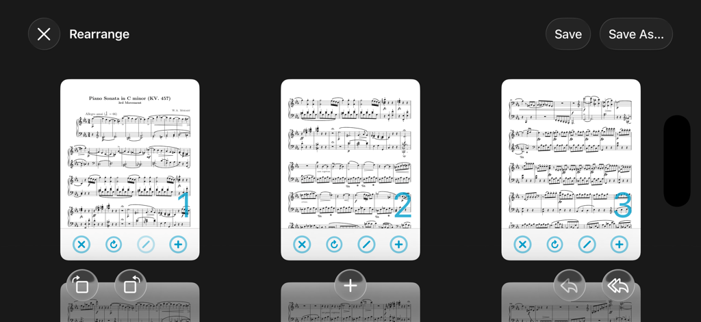 forScore 앱 인터페이스가 세 페이지의 디지털 악보를 정리용으로 번호 매겨 표시하는 재배치 도구를 보여줍니다.