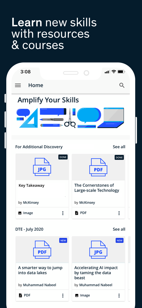 Home screen of the McKinsey Accelerate app displaying professional courses and downloadable business resources