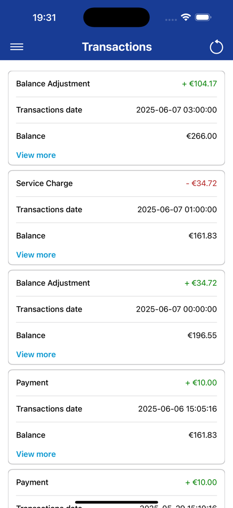 Country Clean Customer App - Country Clean app transaction history screen showing balance adjustments service charges and payments